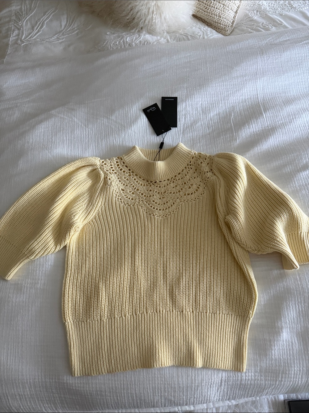 Rails Pale Yellow Crochet Yoke Puff Sleeve Turtleneck Sweater